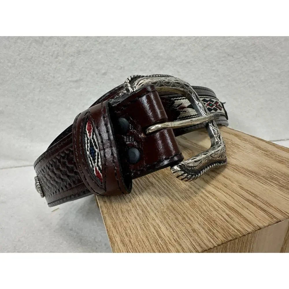 Western Brown Leather Belt Tooled Basketweave Embroidered Keeps & Conchos SZ 42